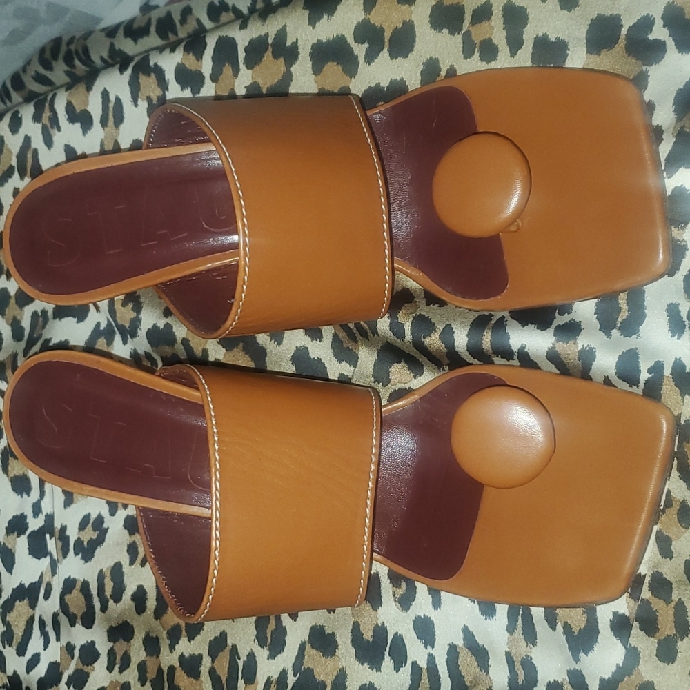 STAUD LUNA SQUARE TOE SANDALS IN TAN / BROWN WORN ONCE  WITH NO MAKES LOOK NEW.